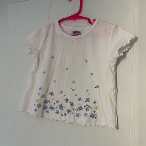 Vintage 90s Oshkosh B’Gosh Girls 4T White Blue Yellow Floral Shirt Ruffle Edge